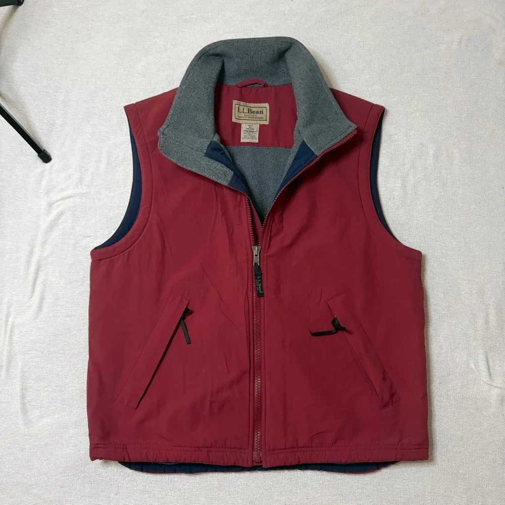 LL Bean Warm-Up Vest Men Medium Red Fleece Lined Nylon Full Zip Outdoor 0JX79